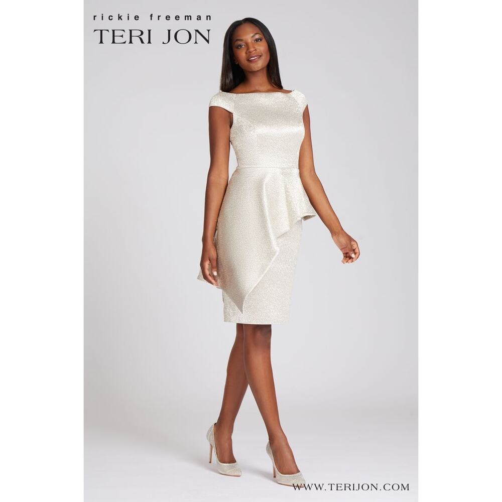 Teri Jon Peplum Cocktail Dress Gold Metallic Ruffle Knee Length Sheath‎ Sz 4